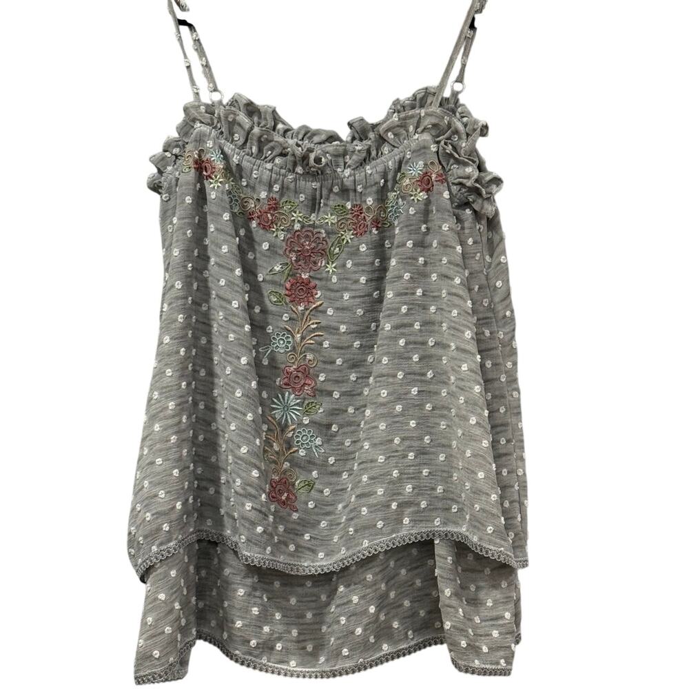 POL Embroidered Floral Swiss Dot Ruffle Cami Boho Cottagecore Gray Women’s M Top